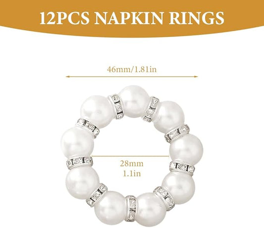 12Pcs Pearl Napkin Rings, Round Napkin Buckles Wedding Beaded White Napkin Rings Silver Napkin Ring Holder for Formal Dinner Reception Party Banquet Table Decor (Sliver)