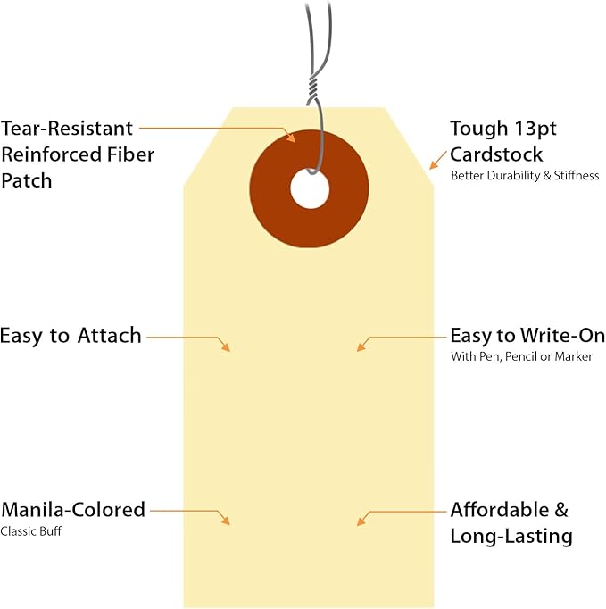 SmartSign Blank Manila Shipping Tags with Wire, Size-1, Pack of 1000, 13pt Thick Prewired Cardstock Tag, 2.75 x 1.375 inch Paper Hang Tags with Reinforced Fiber Patch