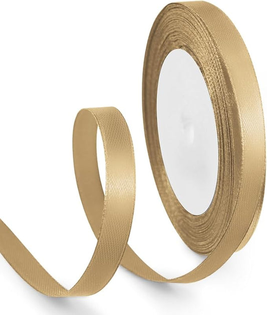3/8 Inch 25 Yards Satin Ribbon Champagne Gold, Solid Color Fabric Ribbon for Gift Wrapping, Wedding, Polyester Gift Ribbon for Birthday Party Decoration, Craft, Hair, Floral, Sewing