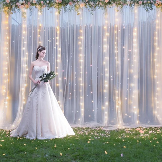 10ft x 8ft White Sheer Tulle Backdrop Curtains with Lights String Wedding Backdrop for Reception Ceremony Birthday Party Baby Shower Photo Booth Background Decoration
