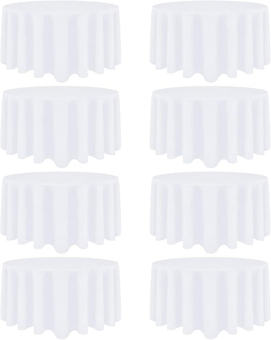 8 Pack White Round Tablecloth 120 Inch White Table Cloth Stain and Wrinkle Resistant Round White Tablecloths Reusable and Washable Polyester Fabric Table Covers for Buffet Wedding Party and Banquet