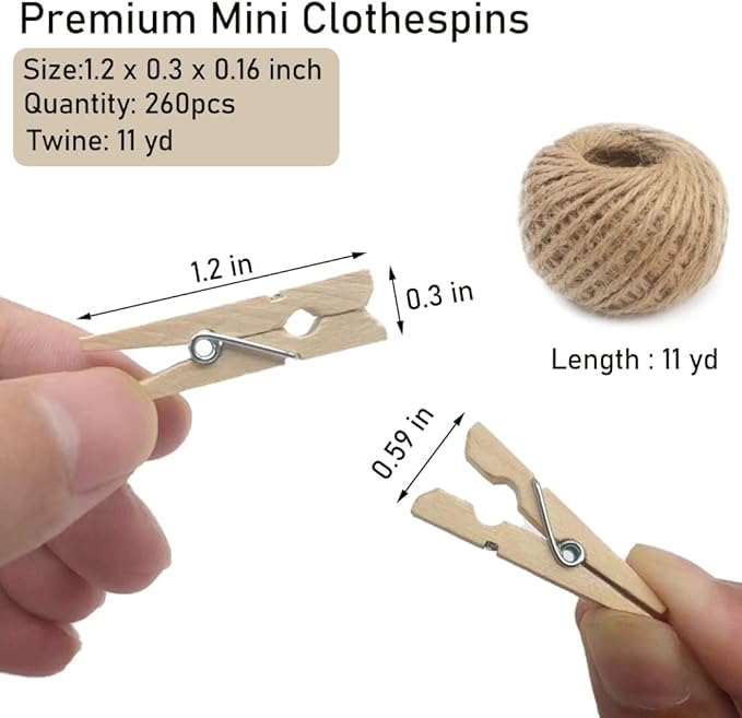 Mini Clothes Pins, 260 PCS Small Wooden Clothes Pin with Jute Twine, Clothespins, Clothes Pins for Photos Crafts DIY Project