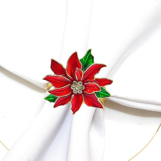 Poinsettia Napkin Rings Set of 6, Xmas Party Red Flower Napkin Holder Buckles, Thanksgiving Christmas Napkin Rings (Dark Red, One Size)