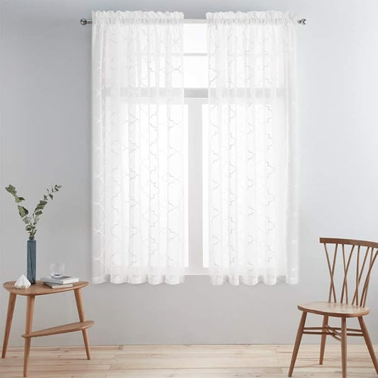 Embroidered Moroccan Tile Lattice Design Sheer Curtains White 45 Inch Length, Rod Pocket Voile Drapes for Living room, Bedroom, Window Treatments Semi Curtain Panels for Yard, Set of 2, 52"x 45".