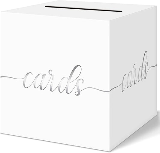 QIKSION White Wedding Card Box, Silver Foil Gift Card Box for Party, Wedding Reception, Graduation, Birthday, Baby Shower, Raffle