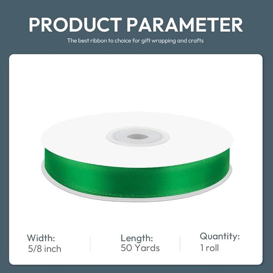 KMER LIFE 5/8" Wide x 50 Yards Green Polyester Satin Ribbon - Perfect for Wedding Decor, Wreaths, Crafts, Gift Wrapping & More