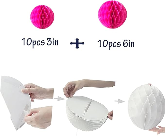 20pcs Honeycomb Flower Balls - Party Decoration Paper Flower Balls Tissue Paper Pom Poms for Birthday Wedding Home Decor (3inch+6inch, Rose Red)