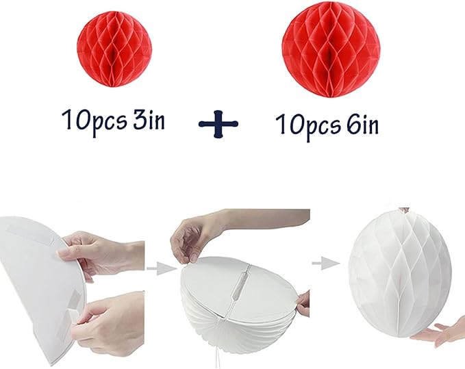 20pcs Honeycomb Flower Balls Party Honeycomb Balls Decoration Paper Flower Balls Tissue Paper Flower Ball Pom Poms Ball for Birthday Wedding Home Decor (3inch+6inch, Red)