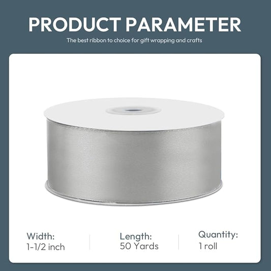 KMER LIFE 1-1/2" Wide x 50 Yards Silvery Single Faced Polyester Satin Ribbon, Silvery Satin Ribbon Perfect for Wedding Decor, Wreath, Crafts, Gift Wrapping & Other Projects (Silvery)