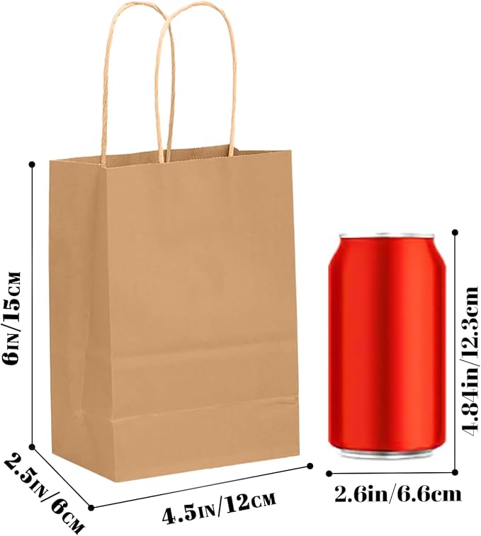 qiqee 100-Packs Brown Paper Gift Bags with Handles Bulk 4.5"×2.5"×6" Mini Size Gift Bags Multiple Uses