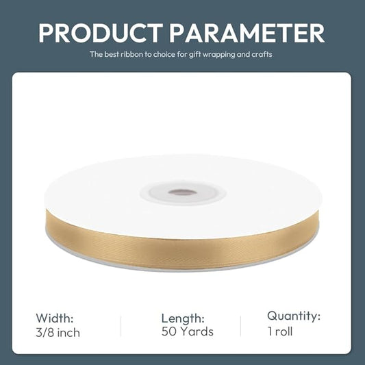 3/8" Wide x 50 Yards Champagne Gold Single Faced Polyester Satin Ribbon for Wedding Decor, Wreath, Crafts, Gift Wrapping & Other Projects
