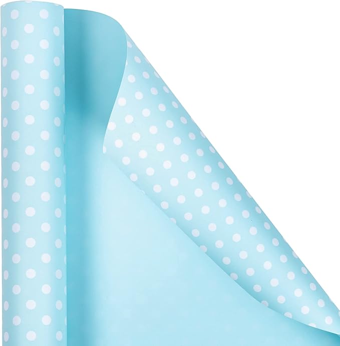WRAPAHOLIC Reversible Wrapping Paper - Mini Roll - 17 Inch X 33 Feet - Baby Blue and Polka Dot Design for Birthday, Holiday, Wedding, Baby Shower