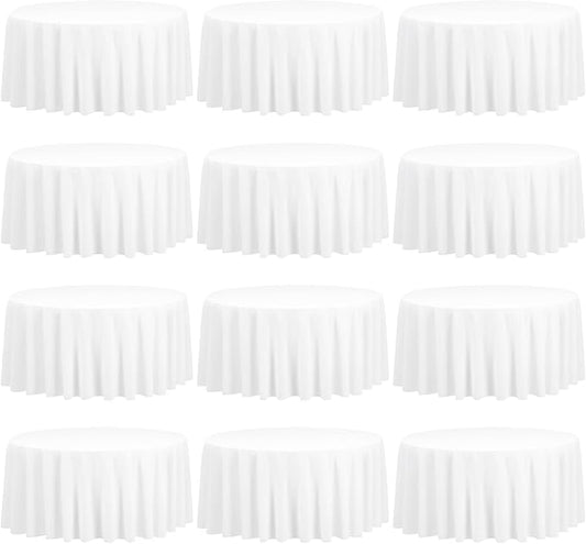 12 Pack 108 Inch Round Tablecloth, White Polyester Fabric Table Cloth for Round Table, Stain and Wrinkle Washable TableCover for Wedding Party Dining TableBuffet Restaurant Banquet and Camping