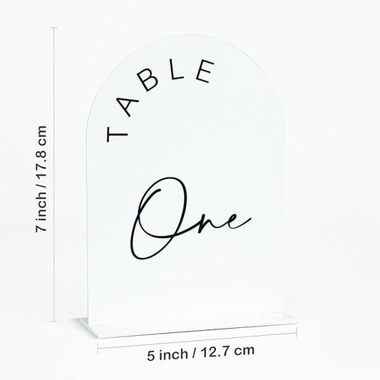 JINMURY White Arch Wedding Table Numbers 1-15 with Stands, 5x7 Inch Acrylic Arch Sign with Black Lettering, White Acrylic Table Numbers for Wedding Reception