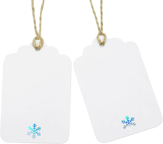 100Pcs Blank Gift Tags with String Iridescent Foil Snowflake Large Gift Tags White Paper with 65 Ft Jute Twine Cute Tags for Christmas Xmas Holiday Winter Wonderland Gift Wrap Tags