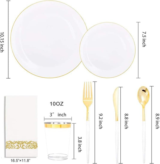 Supernal 350pcs Gold Plastic Dinnerware Set for 50 Guests,Fancy Disposable Plates for Party,Gold Plastic Silverware with White Handle,Disposable White Plates Wedding,Birthday