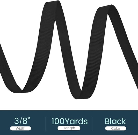 3/8" X 100 Yards Black Grosgrain Ribbon, Premium Grosgrain Ribbon for Sewing, Gift Wrapping, Bow Making, Wedding Decor, Wrapping and More (Black)