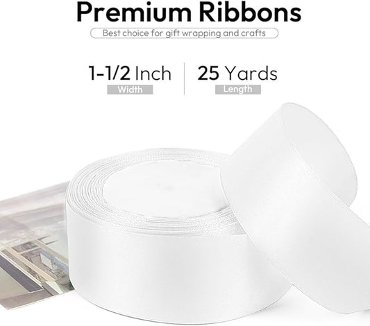 1-1/2 Inch 25 Yards Satin Ribbon White, Solid Color Fabric Ribbon for Gift Wrapping, Wedding, Polyester Gift Ribbon for Birthday Party Decoration, Craft, Hair, Floral, Sewing