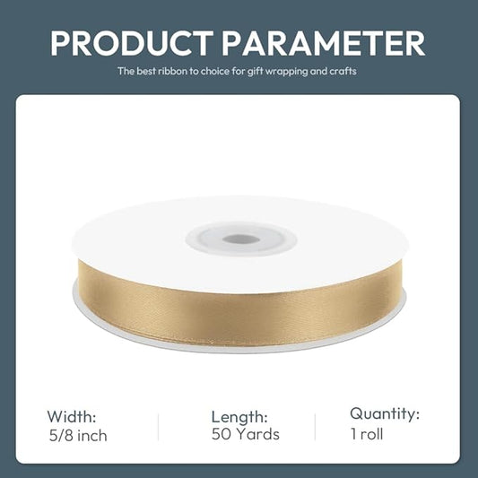 5/8" Wide x 50 Yards Polyester Satin Ribbon - Single Faced Champagne Gold, Perfect for Wedding Decor, Wreath, Crafts & Gift Wrapping