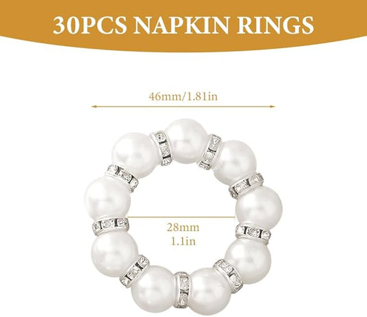 30Pcs Pearl Napkin Rings, Round Napkin Buckles Wedding Beaded White Napkin Rings Silver Napkin Ring Holder for Formal Dinner Reception Party Banquet Table Decor (Sliver)