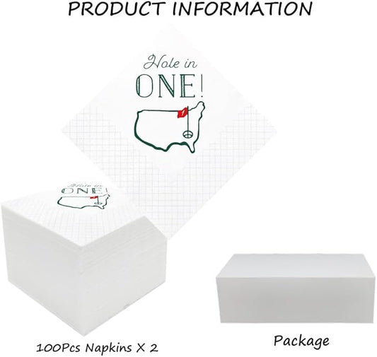 Golf Cocktail Napkins 2-Pack, 200 Count Hole in One First Birthday Golf Themed Paper Disposable Napkins for Baby 1st Hole In One Birthday Decorations, Golf Party Supplies, 2-Ply, 5x5 Inches