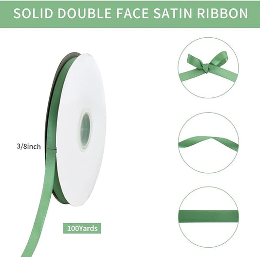 TONIFUL 3/8 Inch x 100yds Sage Green Satin Ribbon Thin Solid Fabric Ribbons Roll for Gift Wrapping Invitation Floral Hair Balloons Craft Sewing Party Wedding Popsicles Decoration Valentine's Day