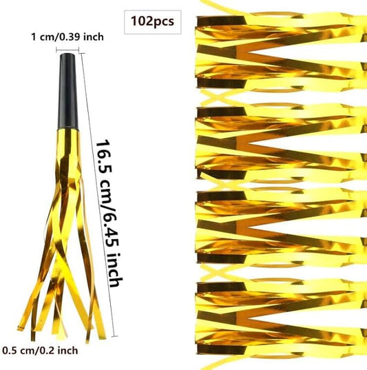 102 Pieces Glitter Gold Fringed Noise Maker Musical Blow Outs Musical Blowouts whistle Party Blow Horns for Kids Birthday Holiday New Years Party Favors Goodie Bag Stuffers Fillers