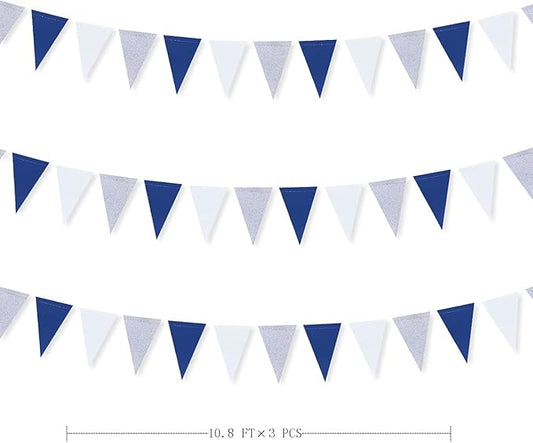 30 Ft Navy Blue White and Silver Party Decorations Royal Blue Triangle Flag Pennant Banner Bunting for Graduation Birthday Wedding Bridal Shower Nautical Ahoy Achor Theme Party Decorations Supplies
