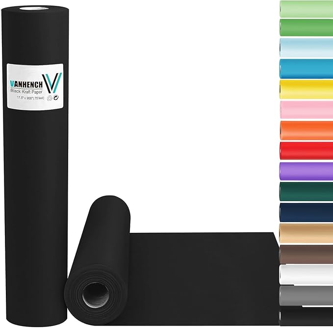 Vanhench Black Wrapping Paper, 17.5" x 963" (80 1/4FT), Art Paper, Birthday, Bouquet Flower Wrapping, 80GSM 55LB