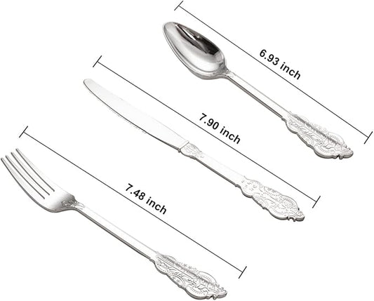 WDF 200 Pieces Silver Plastic Silverware Disposable - 50Guests Silverware Plastic Cutlery - Disposable Utensils Includes 100 Forks, 50 Spoons, 50 Knives Perfect for Christmas Wedding or Party