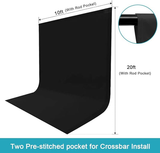 10X20ft Black Photo Backdrops for Photography, LCUIRC Two Rod Pocket Backdrops Curtain for Parties, Polyester Fabric Background with 4 Clamps for Product Protrait Photoshoot or Parties Decoration