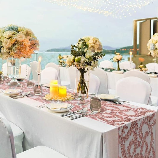Sequin Table Runners 2 Pieces Rose Gold Flower Table Runners 12x72 Inch Glitter Dining Table Cover for Party Wedding Birthday Reception Banquet Decoration Spring Party Chair Sashes