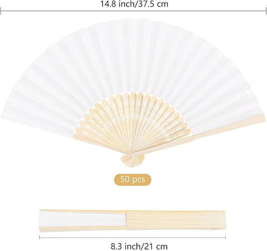 MCEAST 50 Pieces Silk Folding Fan with Bamboo Frames, Handheld Fan Folding Hand Fan Foldable Fan for Wedding Gifts, Party Favors, Home Decoration, White
