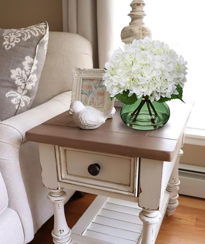Hollyone White Hydrangeas Floral Arrangement in Glass Vase Artificial Flowers with Vase with Faux Water Silk Faux Flowers Fake Floral Bulk Bouquet for Home Decor Table Centerpiece Decorations