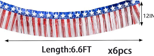 6 Pack 6.6 Feet Red Blue White Foil Fringe Garland Streamers，Red White Blue Star Metallic Hanging Backdrop Banner Table Skirts for 4th of July Decorations Memorial Day Patriotic Party Parade Floats