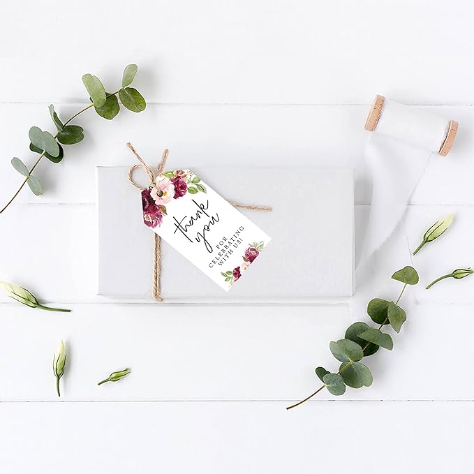 Andaz Press 100-Pack Thank You for Celebrating with Us Favor Tags Fall Burgundy Marsala Cardstock Gift Tags with Bakers Twine for Wedding Baby Shower Bridal Shower Party Favors 2 x 3.75-Inches