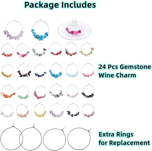 Pride & Par 24 Pcs Nature Gemstone Beads Glass Charms for Stem Glasses, Wine Glass Decoration for Weddings, Parties