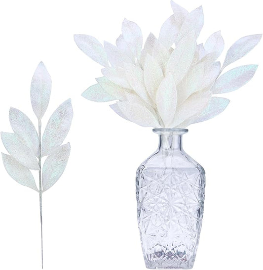 GREENTIME 12 Pack Artificial White Glitter Leaves 13" Fake Christmas Picks Decorative Glitter Sticks for Vase Christmas Tree DIY Wreath Crafts Fireplace Decor