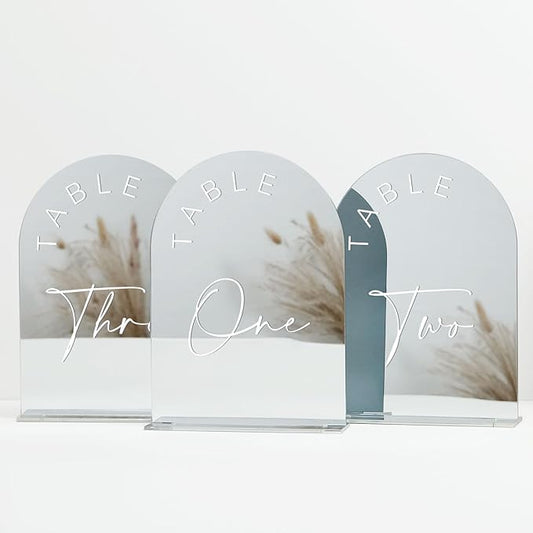 JINMURY Sliver Arch Wedding Table Numbers 1-10 with Stands, 5x7 Inch Acrylic Arch Sign with White Lettering, Sliver Mirror Acrylic Table Numbers for Wedding Reception