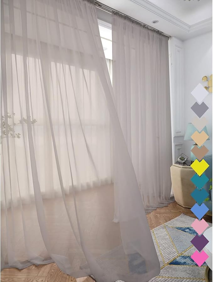 Window Light Grey Sheer Curtains 48 Inches Width 160 Inches Long 2 Panels Sheer Curtains Clear Curtains Basic Rod Pocket Panel for Home Living Room Bedroom Kids Room Yard Patio Parlor Sliding