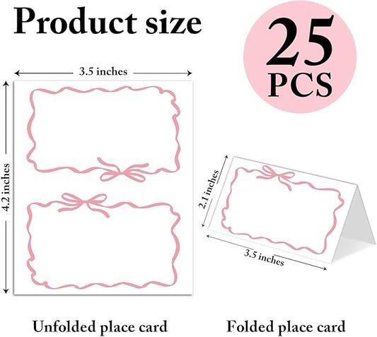 25 Pack Pink Bow Wave Place Cards, Editable Name Cards for Table Setting, Tent Cards Food Label for Dinner Party, Bridal Shower, Wedding, Baby Shower and Events -T14