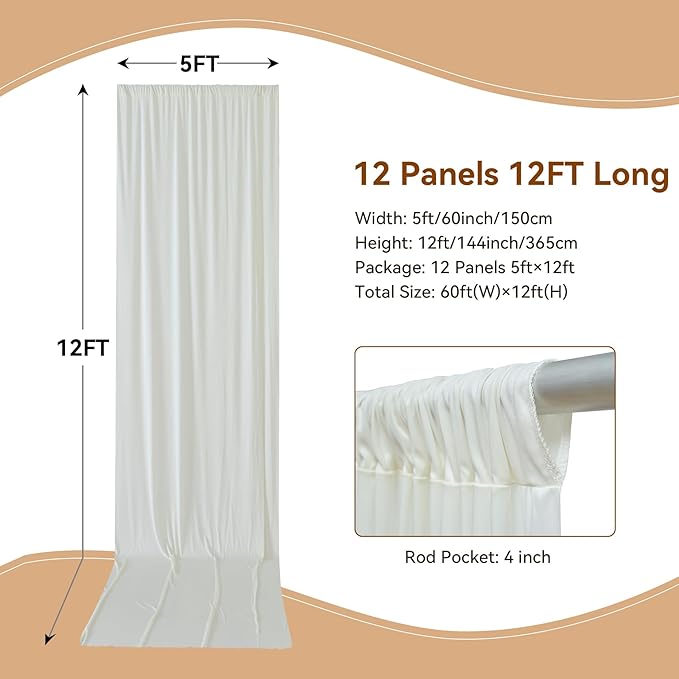 60×12ft Wrinkle Free Ivory Backdrop Curtain for Wedding Parties, 12 Panels 5×12ft Long Soft Silky Polyester Backdrop Drapes Cream Photo Back Drop Curtains for Party Photography Background Cloth