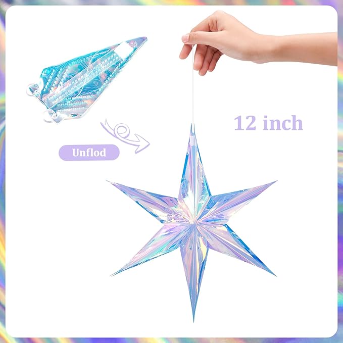 Dazzling Colorful Hexagonal Star Decoration Hanging Decorative Folding Rainbow Shine Party Ornaments for Christmas Tree Winter Party Birthday Wedding Frozen Theme Decoration