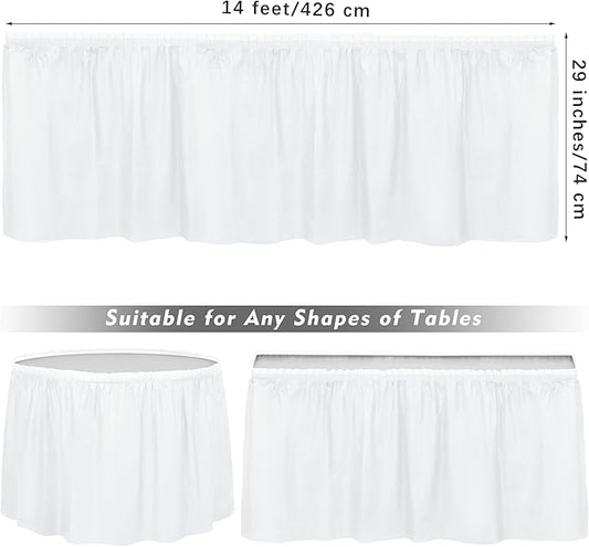 TURSTIN 4 Pieces White Plastic Table Skirts 14 Feet x 29 Inch for Rectangle Tables Fitted Tablecloth Disposable Table Cover for Birthday Party, Events, Banquette Baby Shower
