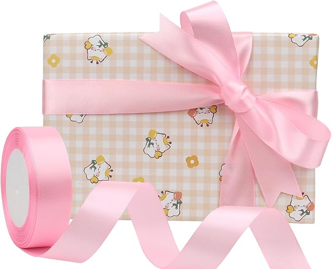 Pink Solid Satin Ribbon 1 Inch 25 Yards Solid Polyester Fabric Ribbon for Gift Wrapping Wedding Christmas Baby Shower Birthday Party Decoration Handmade Immortal Flower Craft