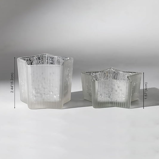 Letine 10pcs Frosted Silver Ribbed Star Candle Cups - Assorted Height Tea Light Candle Holders, Mercury Glass Votives for Wedding, Fall Table Centerpiece& Holiday Decorations (Tall 2.44", Short 1.57")