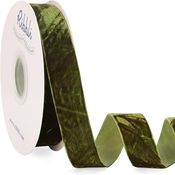 Ribbli Moss Green Velvet Ribbon 1 Inches Luxury Crinkled Green Christmas Ribbon for Gift Wrapping Crafts Home Decor-Continuous 10 Yard