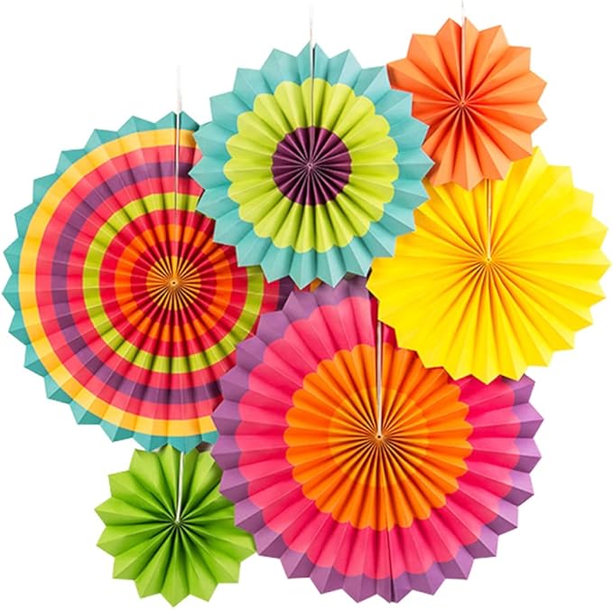 SUNBEAUTY Pack of 6 Hanging Paper Fans Party Carnival Circus Round Pattern Paper Garlands Decoration for Birthday Baby Shower Graduation Summer Party