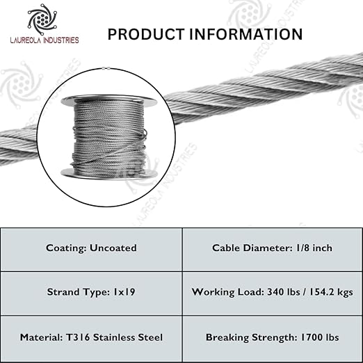 Laureola 1/8" Type-1x19 Grade-316 Stainless Steel Cable Railing Wire Rope - 1000ft