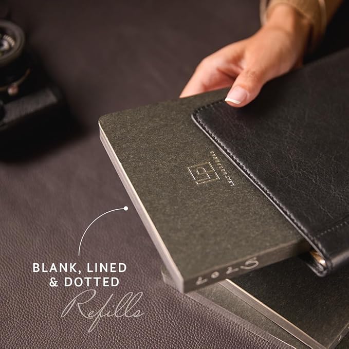 Luxury Leather Refillable Journal/Writing Notebook for Men & Women, Reusable Full-grain Leather Cover, 120gsm Thick Paper, Blank, Dotted, Lined Refills